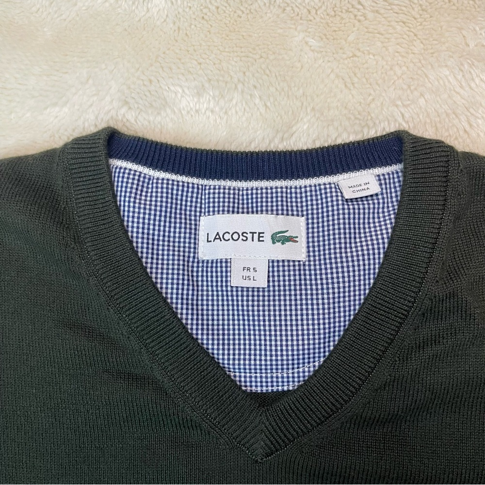Lacoste V-Neck Jersey Knit Olive Green Sweater Preppy Large Minimalist Academia - Picture 4 of 11